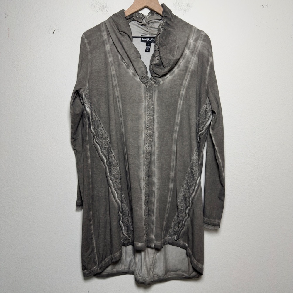 Gretty Zueger Women Cotton Tunic Jacket XL Gray Acid Wash Lace Embroidered